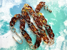 Load image into Gallery viewer, Tortoise Shell & Gold Long Acrylic necklace, brown linking acetate necklace, chain statement jewelry, layering yellow resin chunky strand