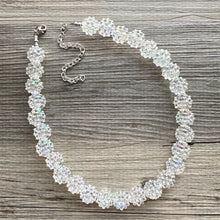 Load image into Gallery viewer, Sparkle Snowball Beaded Chunky Statement Necklace, clear resin necklace, single silver beaded wedding, bridesmaid jewelry winter rainbow
