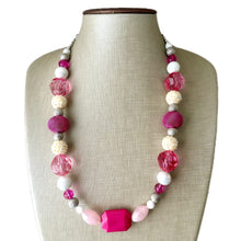 Load image into Gallery viewer, Metallic Sparkle Pink White gold silver beaded statement necklace, single strand necklace, Valentine's Day jewelry, big bead jewelry decor
