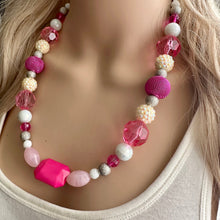Load image into Gallery viewer, Metallic Sparkle Pink White gold silver beaded statement necklace, single strand necklace, Valentine's Day jewelry, big bead jewelry decor