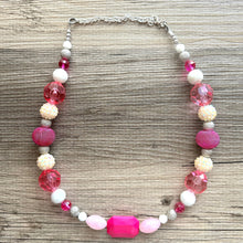 Load image into Gallery viewer, Metallic Sparkle Pink White gold silver beaded statement necklace, single strand necklace, Valentine's Day jewelry, big bead jewelry decor