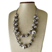Load image into Gallery viewer, Silver Bells Statement Necklace, Chunky Jewelry Big Beaded Double Strand Necklace, Christmas Necklace, Silver Jewelry Set gray