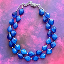 Load image into Gallery viewer, Royal Blue Chunky Statement Necklace, Big beaded jewelry, Double Strand Statement Necklace, Bib necklace, dark bridesmaid wedding