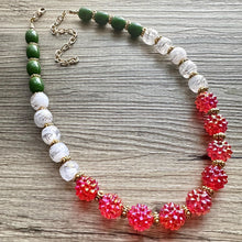 Load image into Gallery viewer, Christmas Colorblock Necklace, Red Holiday Jewelry, Green White Jewelry, Beaded Christmas Present silver cluster single strand OOAK necklace