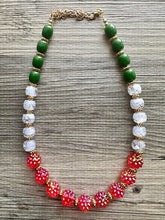 Load image into Gallery viewer, Christmas Colorblock Necklace, Red Holiday Jewelry, Green White Jewelry, Beaded Christmas Present silver cluster single strand OOAK necklace