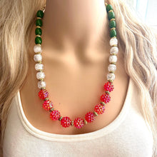 Load image into Gallery viewer, Christmas Colorblock Necklace, Red Holiday Jewelry, Green White Jewelry, Beaded Christmas Present silver cluster single strand OOAK necklace