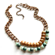 Load image into Gallery viewer, Rosegold Hammered Coin Skinny Statement Necklace, patina gold turquoise beaded chain, layering jewelry beaded sale vintage choker bib