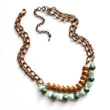 Load image into Gallery viewer, Rosegold Hammered Coin Skinny Statement Necklace, patina gold turquoise beaded chain, layering jewelry beaded sale vintage choker bib