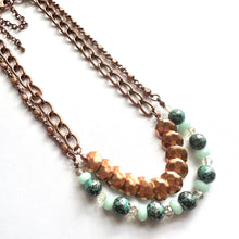 Load image into Gallery viewer, Rosegold Hammered Coin Skinny Statement Necklace, patina gold turquoise beaded chain, layering jewelry beaded sale vintage choker bib