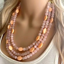 Load image into Gallery viewer, Rose Quartz & Cantelope statement necklace, chunky bib beaded jewelry soft blush pink necklace, multi strand cream peach 3 strand glass
