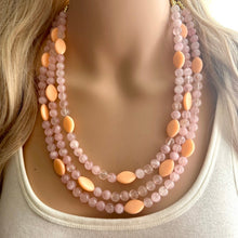 Load image into Gallery viewer, Rose Quartz & Cantelope statement necklace, chunky bib beaded jewelry soft blush pink necklace, multi strand cream peach 3 strand glass