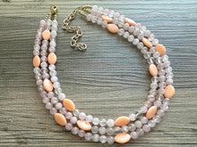 Load image into Gallery viewer, Rose Quartz & Cantelope statement necklace, chunky bib beaded jewelry soft blush pink necklace, multi strand cream peach 3 strand glass