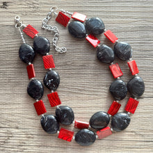 Load image into Gallery viewer, Black & Red Animal Print Statement Necklace, Extra chunky 2 strand jewelry, Geometric Beaded Jewelry, red bib shell necklace snakeskin swirl