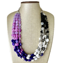 Load image into Gallery viewer, Purple Ombré statement necklace, chunky bib necklace, beaded jewelry lavender necklace, 5 strand gray white black jewelry eggplant lavender