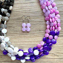 Load image into Gallery viewer, Purple Ombré statement necklace, chunky bib necklace, beaded jewelry lavender necklace, 5 strand gray white black jewelry eggplant lavender