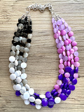 Load image into Gallery viewer, Purple Ombré statement necklace, chunky bib necklace, beaded jewelry lavender necklace, 5 strand gray white black jewelry eggplant lavender