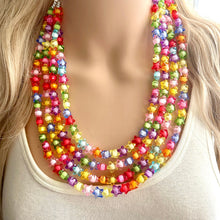 Load image into Gallery viewer, Rainbow Stars Statement Necklace, Chunky 5 Strand Jewelry, Colorful Day jewelry, chunky rainbow resin bib beaded necklace colorful