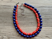 Load image into Gallery viewer, Blue & Red Orange Statement Necklace, silver double strand beaded chunky jewelry, fall firetruck royal bib color block dressy navy wedding