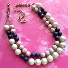 Load image into Gallery viewer, Navy Blue & Gold Chunky Statement Necklace, Big beaded jewelry, 2 Strand Statement Necklace, Bib dark baby blue beaded blush pink
