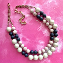 Load image into Gallery viewer, Navy Blue & Gold Chunky Statement Necklace, Big beaded jewelry, 2 Strand Statement Necklace, Bib dark baby blue beaded blush pink