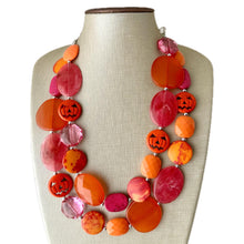 Load image into Gallery viewer, Orange & Pink Halloween Necklace, Double strand orange jewelry, jack O Lantern pumpkin chunky big bead statement necklace hot pink magenta