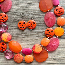 Load image into Gallery viewer, Orange & Pink Halloween Necklace, Double strand orange jewelry, jack O Lantern pumpkin chunky big bead statement necklace hot pink magenta