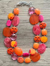 Load image into Gallery viewer, Orange & Pink Halloween Necklace, Double strand orange jewelry, jack O Lantern pumpkin chunky big bead statement necklace hot pink magenta