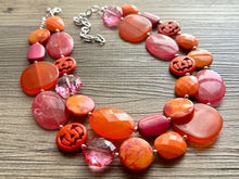 Load image into Gallery viewer, Orange & Pink Halloween Necklace, Double strand orange jewelry, jack O Lantern pumpkin chunky big bead statement necklace hot pink magenta