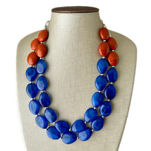 Load image into Gallery viewer, Orange & Royal Blue Chunky Statement Necklace, Big beaded jewelry, Double Strand Statement Necklace, Bib necklace, sport bridesmaid wedding