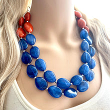 Load image into Gallery viewer, Orange & Royal Blue Chunky Statement Necklace, Big beaded jewelry, Double Strand Statement Necklace, Bib necklace, sport bridesmaid wedding