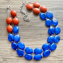 Load image into Gallery viewer, Orange & Royal Blue Chunky Statement Necklace, Big beaded jewelry, Double Strand Statement Necklace, Bib necklace, sport bridesmaid wedding