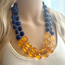 Load image into Gallery viewer, Orange & Blue Chunky Statement Necklace, Royal Blue Big bib beaded jewelry, 2 Strand Statement Necklace bib collar football game