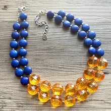 Load image into Gallery viewer, Orange & Blue Chunky Statement Necklace, Royal Blue Big bib beaded jewelry, 2 Strand Statement Necklace bib collar football game