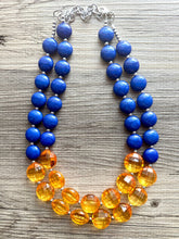 Load image into Gallery viewer, Orange & Blue Chunky Statement Necklace, Royal Blue Big bib beaded jewelry, 2 Strand Statement Necklace bib collar football game