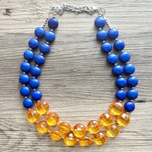 Load image into Gallery viewer, Orange & Blue Chunky Statement Necklace, Royal Blue Big bib beaded jewelry, 2 Strand Statement Necklace bib collar football game