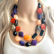 Load image into Gallery viewer, Orange & Black Purple Halloween Necklace, Double strand orange jewelry, jack O Lantern pumpkin chunky big bead statement necklace