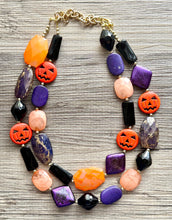 Load image into Gallery viewer, Orange & Black Purple Halloween Necklace, Double strand orange jewelry, jack O Lantern pumpkin chunky big bead statement necklace
