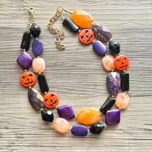 Load image into Gallery viewer, Orange & Black Purple Halloween Necklace, Double strand orange jewelry, jack O Lantern pumpkin chunky big bead statement necklace
