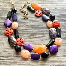 Load image into Gallery viewer, Orange & Black Purple Halloween Necklace, Double strand orange jewelry, jack O Lantern pumpkin chunky big bead statement necklace