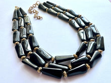 Load image into Gallery viewer, Black & Gold Necklace, 3 strand gold jewelry, big beaded chunky statement necklace, black necklace, gold beaded jewelry thick collar