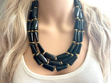 Load image into Gallery viewer, Black & Gold Necklace, 3 strand gold jewelry, big beaded chunky statement necklace, black necklace, gold beaded jewelry thick collar