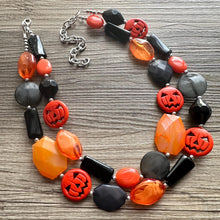 Load image into Gallery viewer, Orange & Black Spooky Halloween Necklace, Double strand orange jewelry, jack O Lantern pumpkin chunky big bead statement necklace