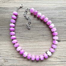 Load image into Gallery viewer, Purple Candy Statement Necklace, resin chunky multi-strand jewelry, light pink white necklace, single strand silver thick layering