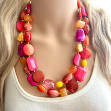 Load image into Gallery viewer, Sunset Boulevard Statement Necklace, chunky bib beaded jewelry, hot pink blush orange white necklace, cream acrylic jewelry collar neutral