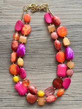 Load image into Gallery viewer, Sunset Boulevard Statement Necklace, chunky bib beaded jewelry, hot pink blush orange white necklace, cream acrylic jewelry collar neutral