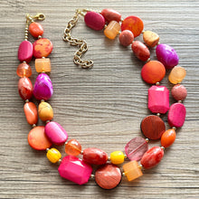 Load image into Gallery viewer, Sunset Boulevard Statement Necklace, chunky bib beaded jewelry, hot pink blush orange white necklace, cream acrylic jewelry collar neutral