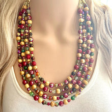 Load image into Gallery viewer, Cranberry Harvest Chunky 4 Strand Statement Necklace, Fall Neutral dark red necklace, earrings jewelry set agate marigold gold maroon