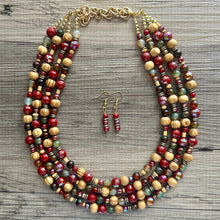 Load image into Gallery viewer, Cranberry Harvest Chunky 4 Strand Statement Necklace, Fall Neutral dark red necklace, earrings jewelry set agate marigold gold maroon