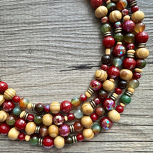 Load image into Gallery viewer, Cranberry Harvest Chunky 4 Strand Statement Necklace, Fall Neutral dark red necklace, earrings jewelry set agate marigold gold maroon