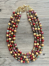 Load image into Gallery viewer, Cranberry Harvest Chunky 4 Strand Statement Necklace, Fall Neutral dark red necklace, earrings jewelry set agate marigold gold maroon